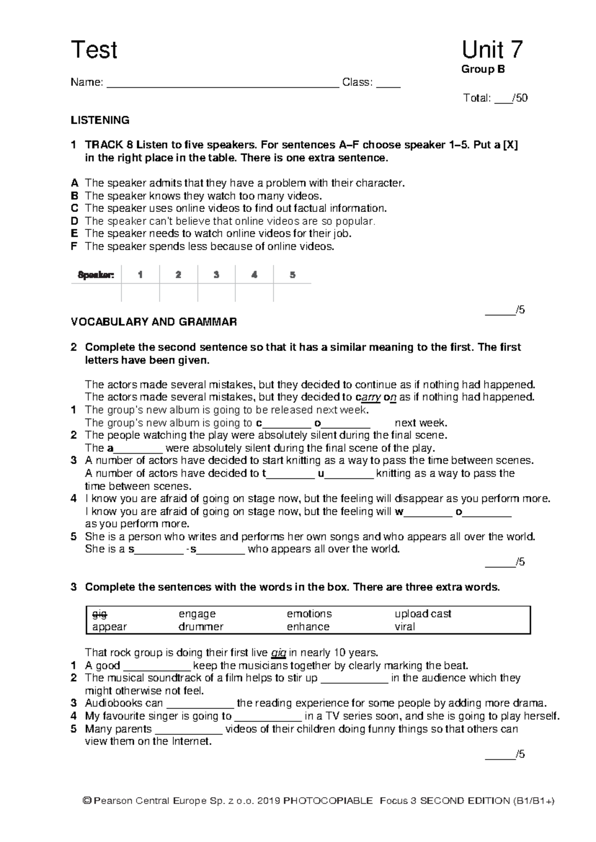 Focus 3 2E Unit 7 Test - Group B Listening & Grammar Activities - Studocu