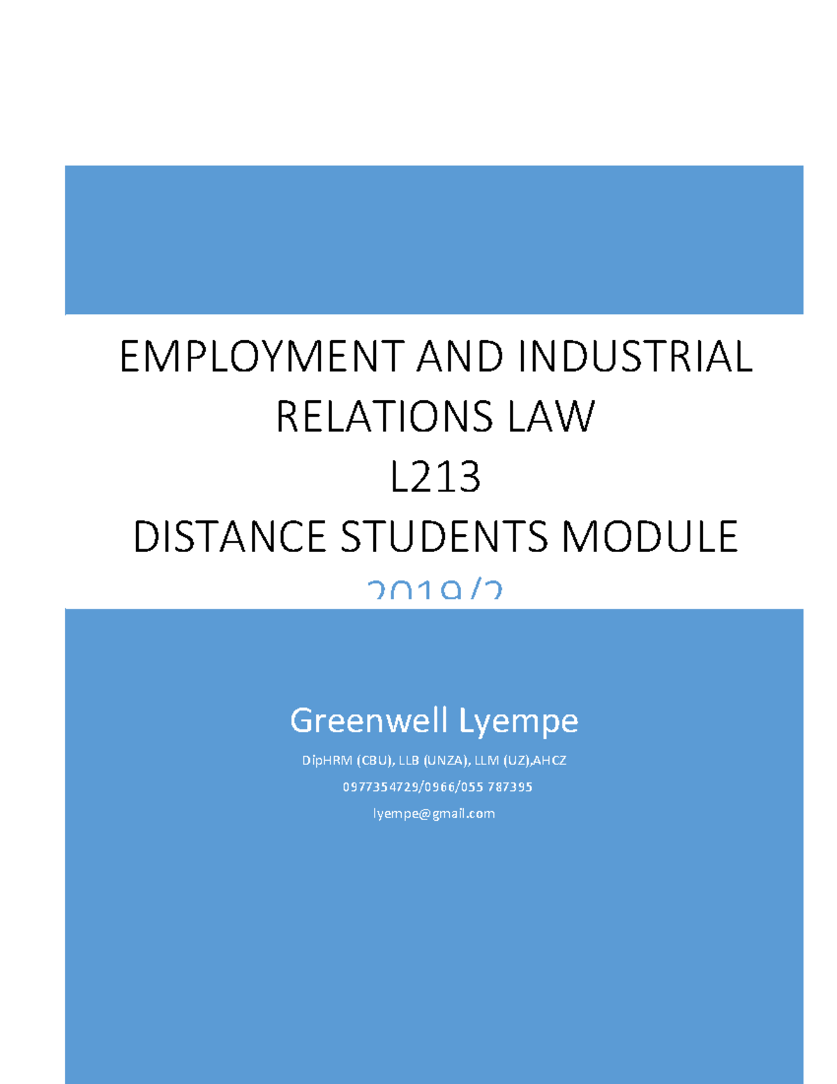 Employment and Industrial Relations Law L230 Course Outline Review ...