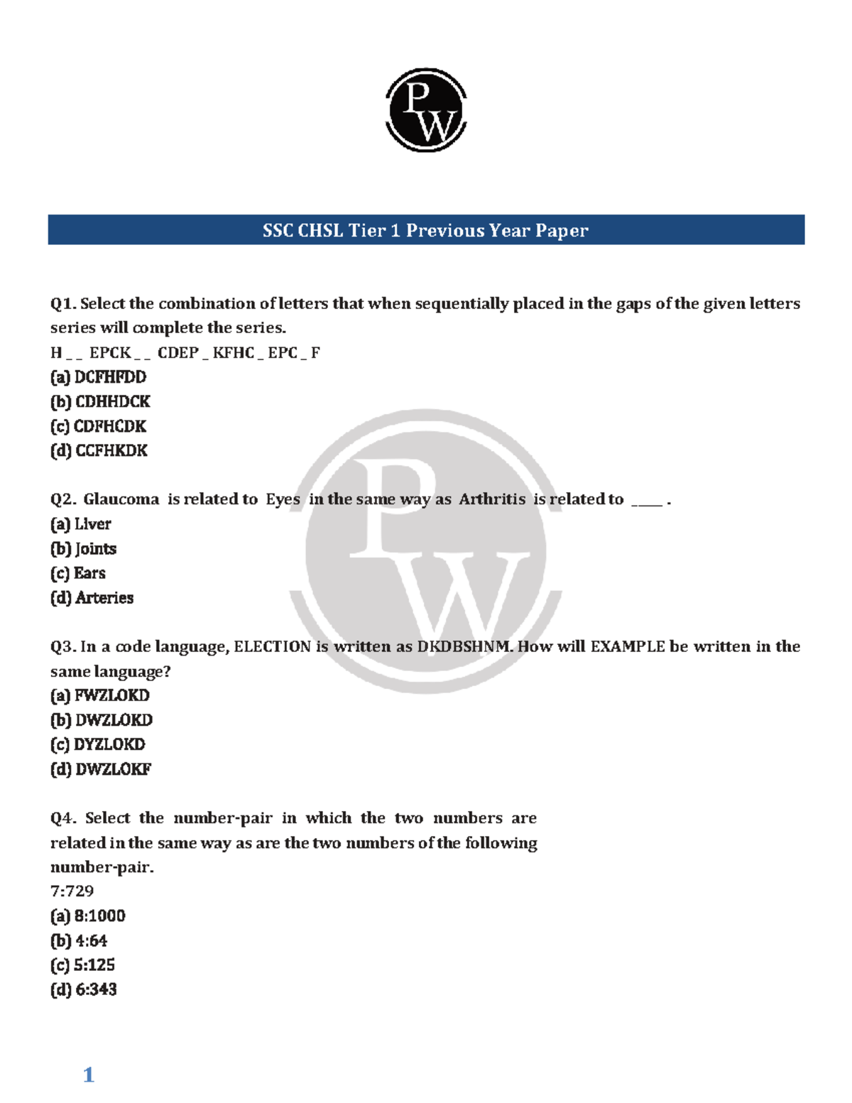 SSC CHSL Tier 1 Previous Year Paper Questions and Answers - Studocu