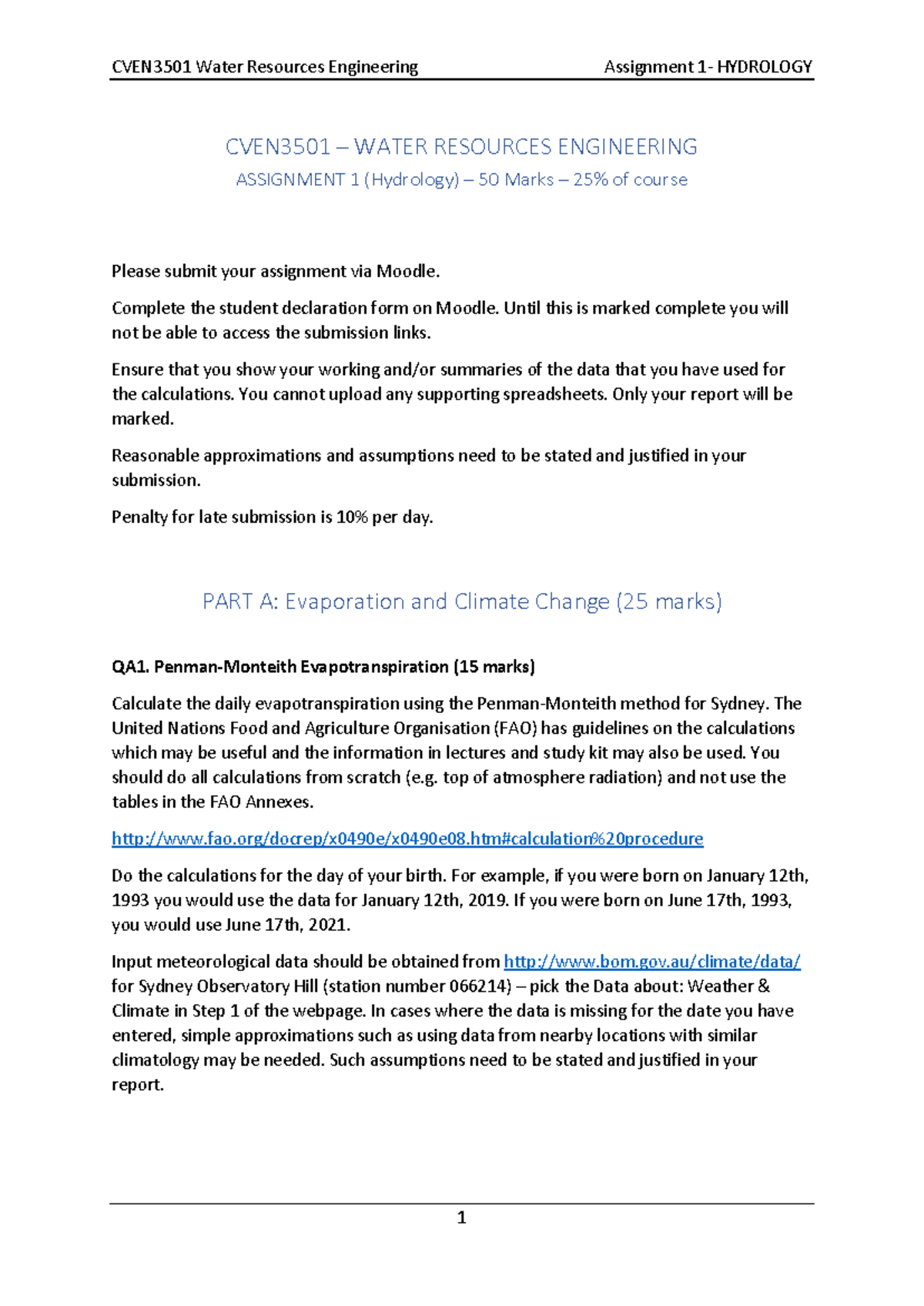 CVEN3501 Assignment 1: Hydrology & Water Resources Engineering Analysis ...