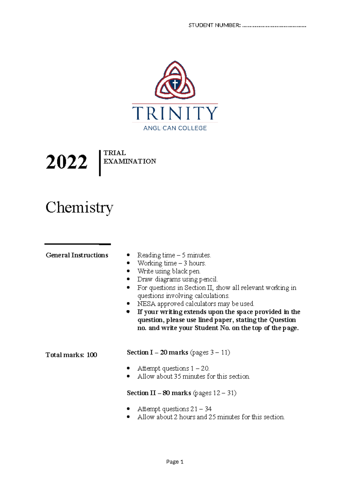 HSC Chemistry Trial Exam 2022: General Instructions & Questions - Studocu