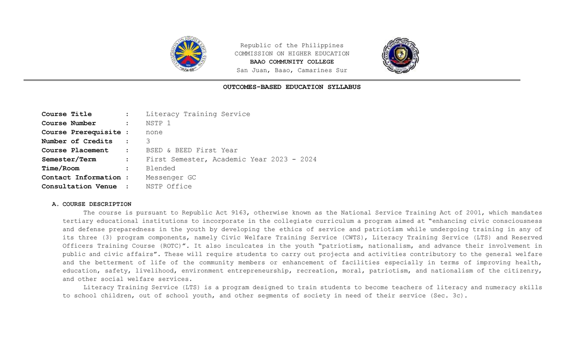 NSTP 1 - Literacy Training Service Syllabus for Academic Year 2023-2024 - Document Preview