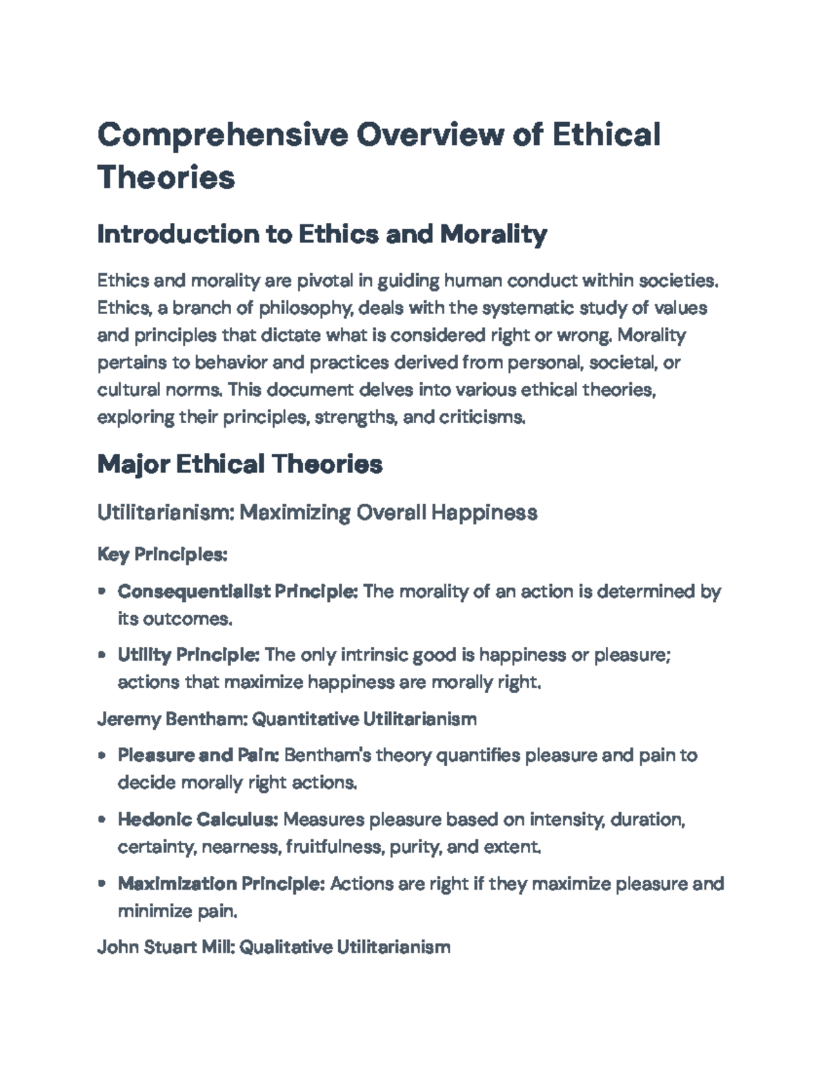 Comprehensive Overview of Ethical Theories (Course Code: PHIL 101 ...