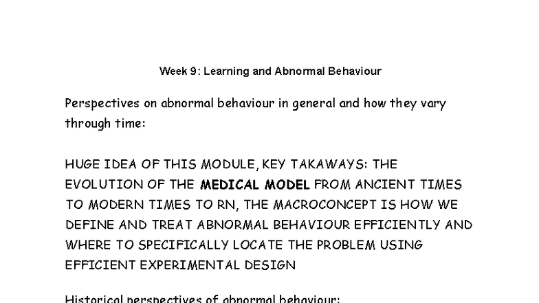 Week 9: Perspectives on Learning and Abnormal Behaviour - Studocu