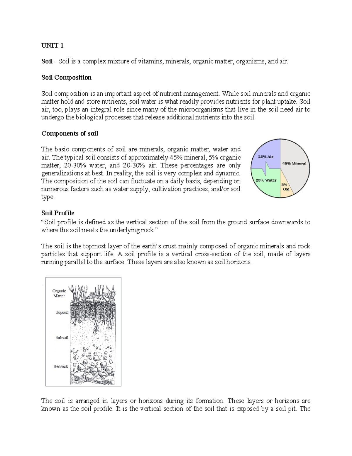 Exam purp 1 and 2 - exam study notes - UNIT 1 Soil - Soil is a complex ...