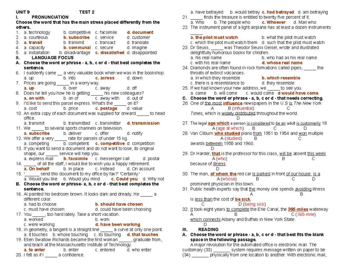 1 - Discrete Mathematics - UNIT 9 TEST 2 I. PRONUNCIATION Choose the ...