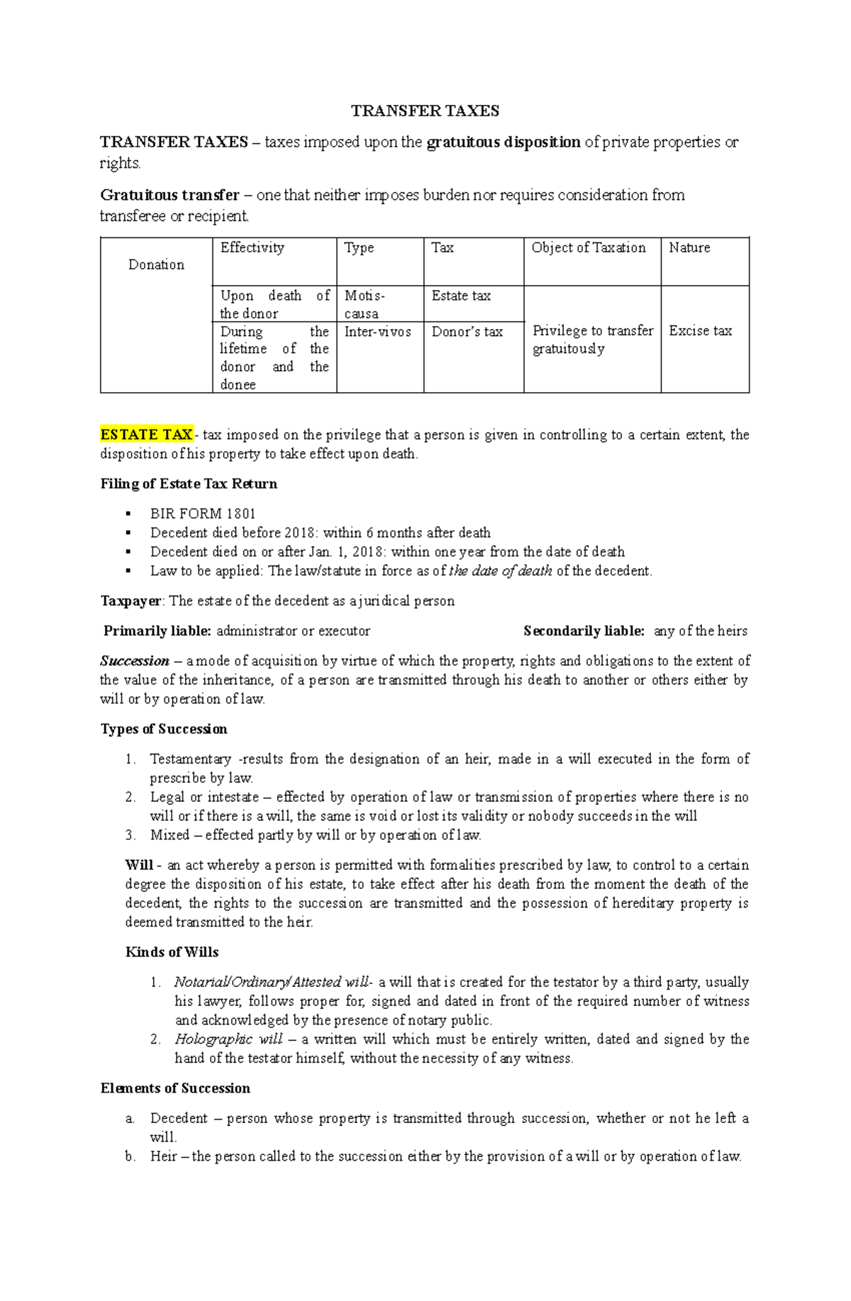 Transfer Taxes: Understanding Estate and Gift Taxation (ACCT 101) - Studocu