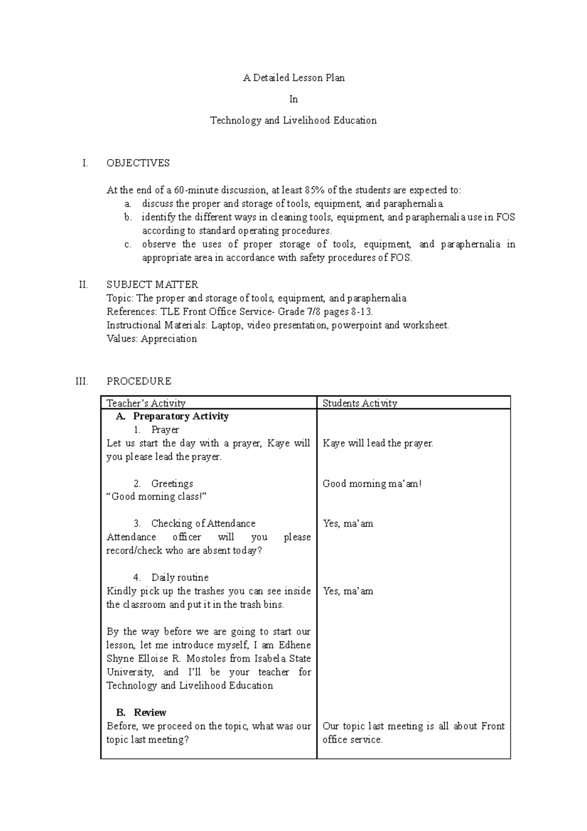 Grade 7 TLE: Detailed Lesson Plan on Proper Tool Storage & Maintenance ...