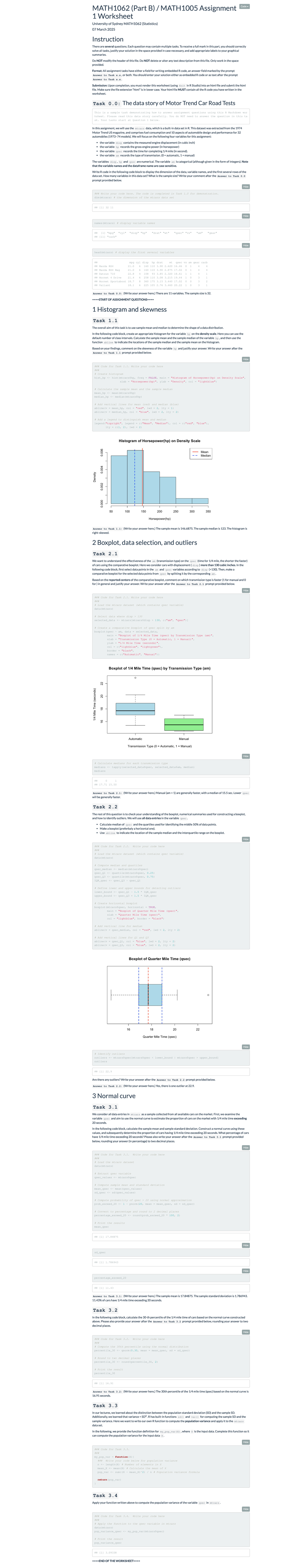 MATH1062 Assignment 1 Worksheet: Statistical Analysis with R - Studocu