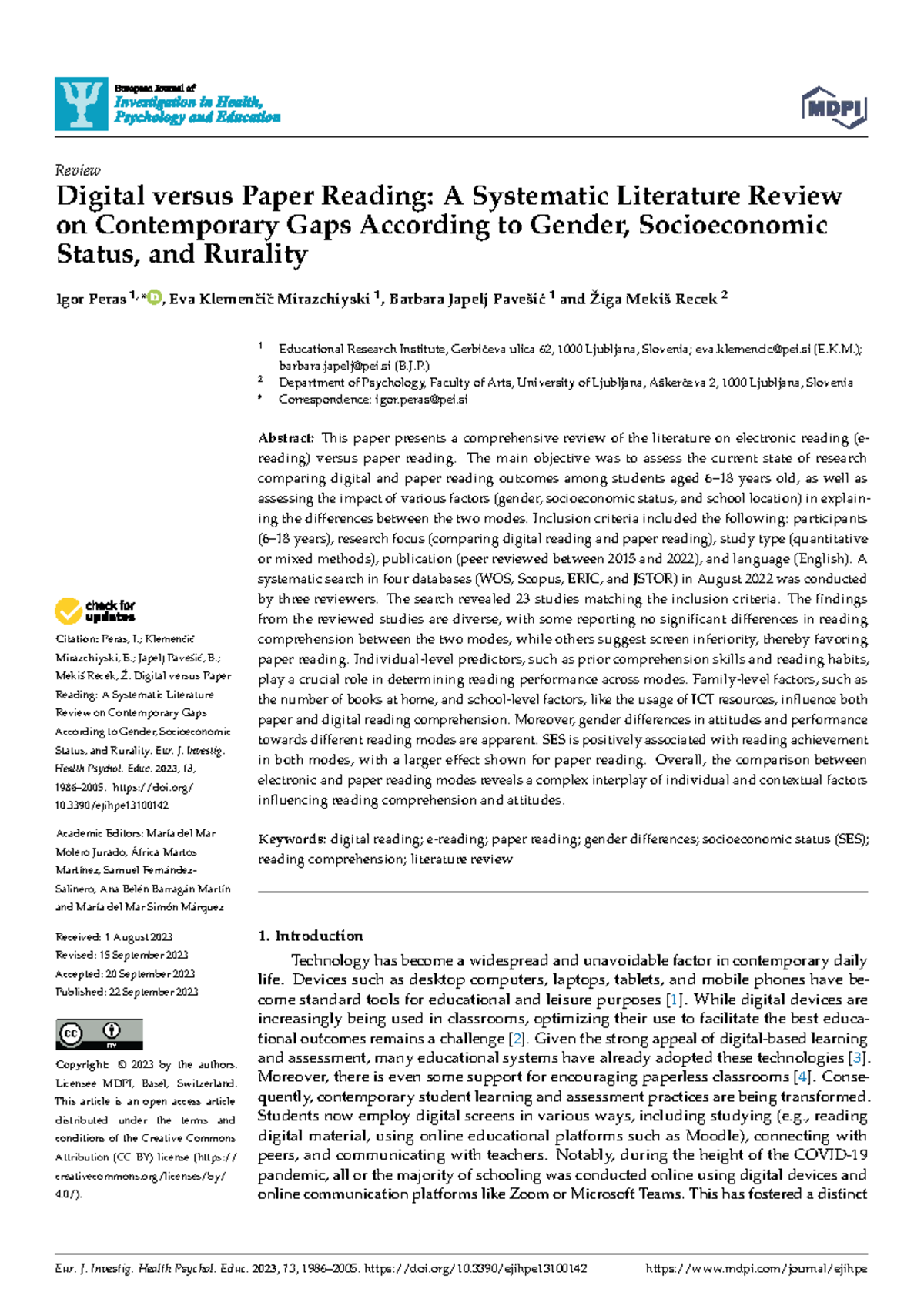 Digital vs. Paper Reading: Systematic Review of Gender, SES, and ...