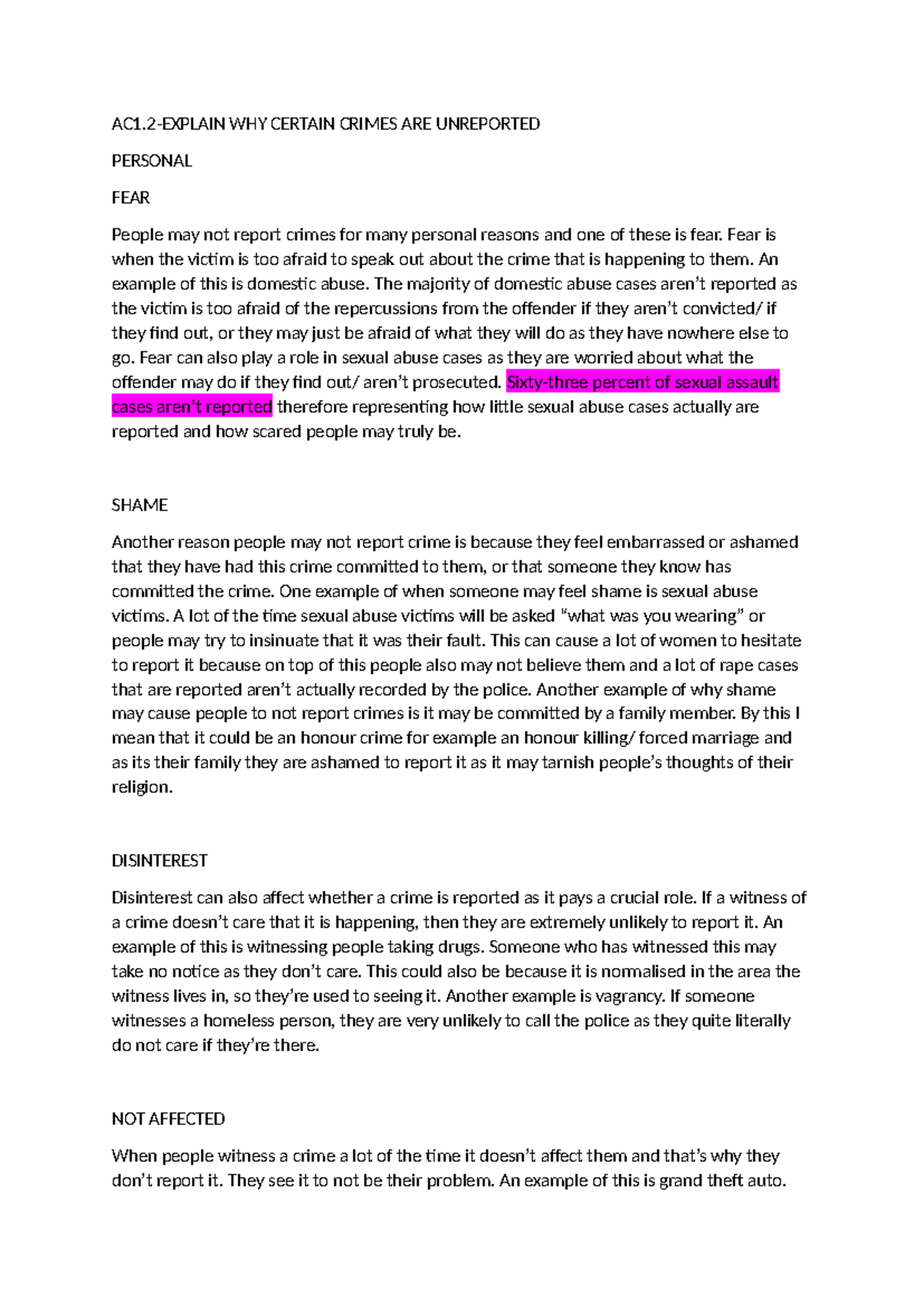 AC1.2 Reasons for Unreported Crimes: Fear, Shame, and Disinterest - Studocu