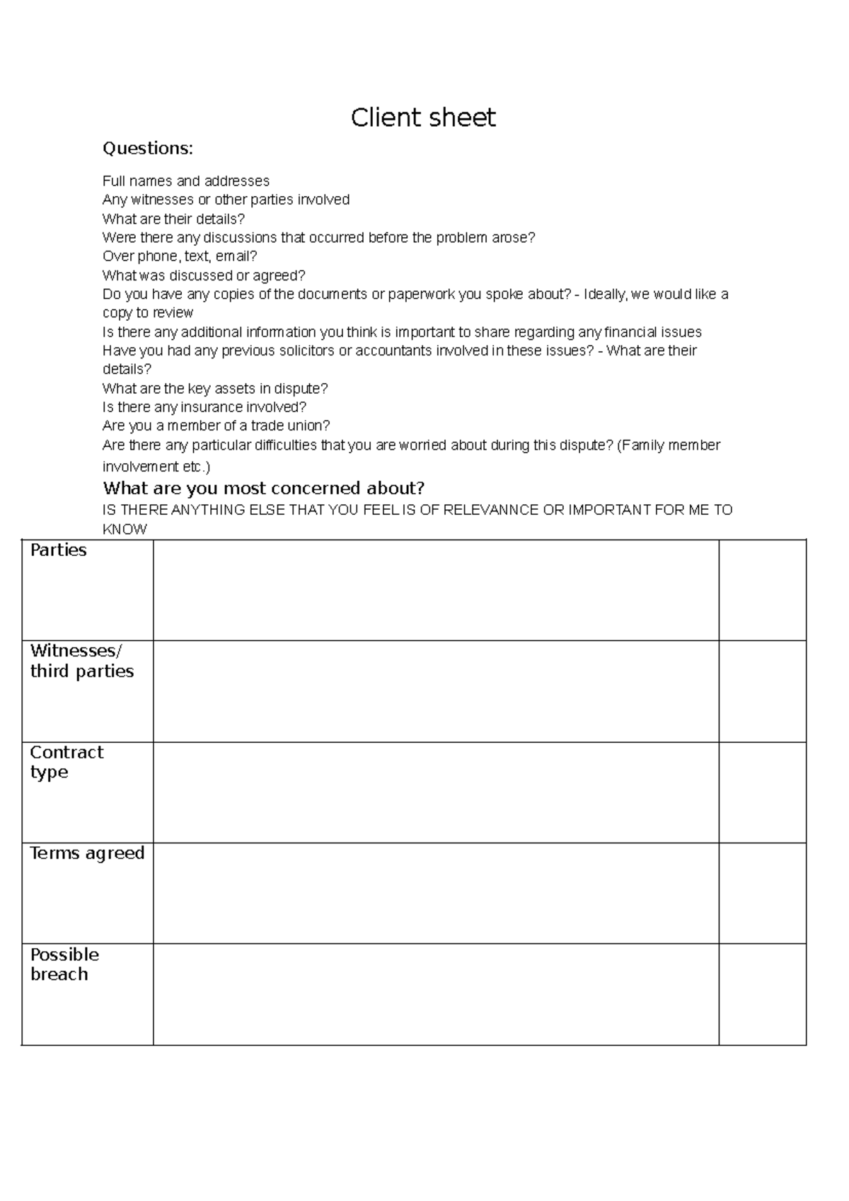 Client Sheet: Key Questions for Legal Consultation - Studocu