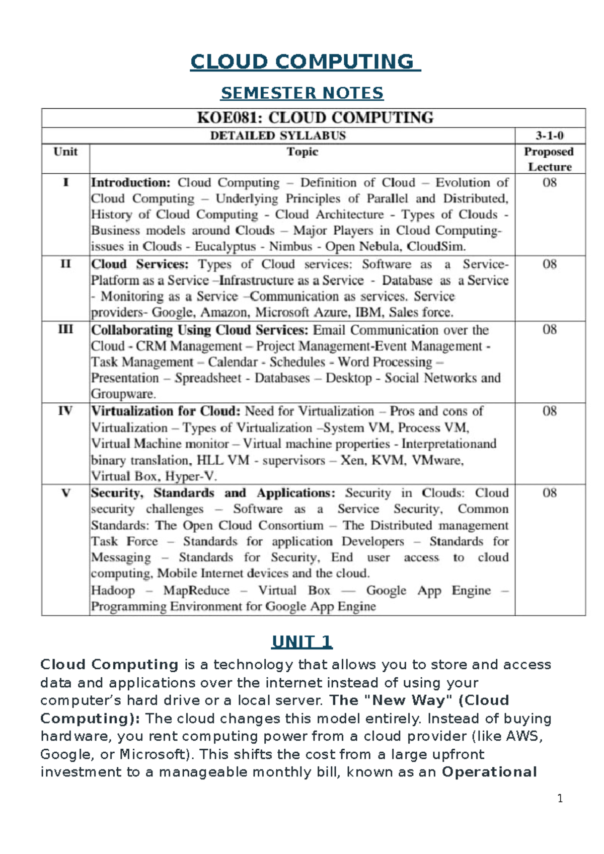 CLOUD COMPUTING SEMESTER NOTES UNIT 1: Overview and Key Concepts - Studocu