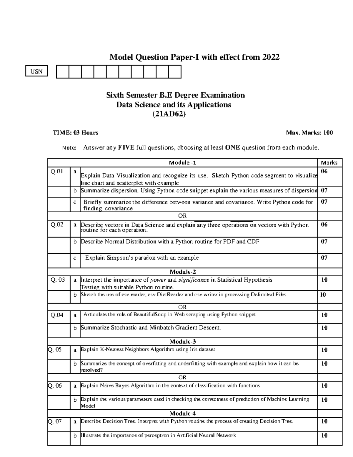 21AD62 Model QN Paper - gfdg fdgfdb - Model Question Paper-I with ...