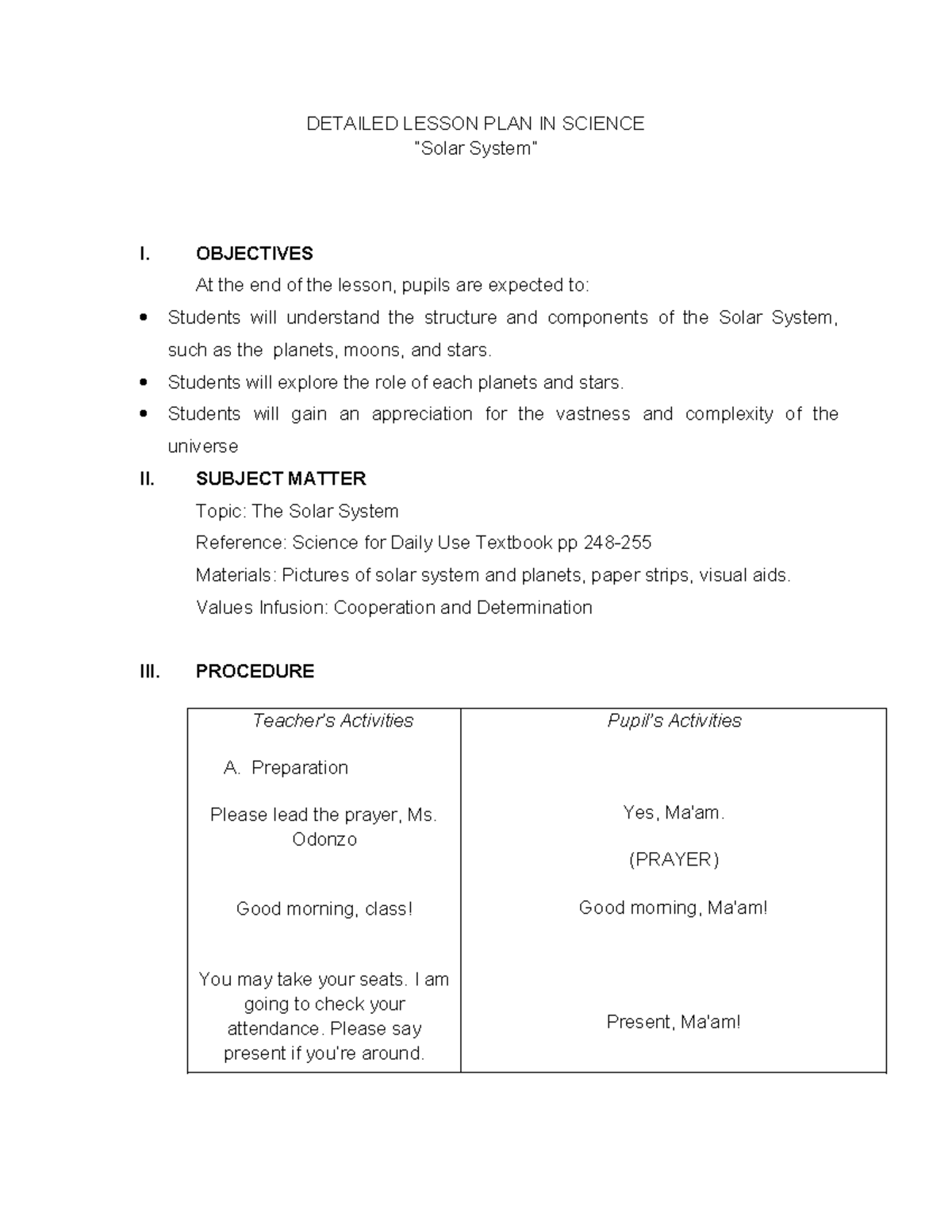 Science I Lesson Plan: Exploring the Solar System and Its Components ...