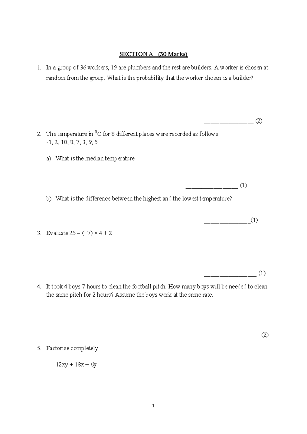 FORM2 General Mathematics Test - Section A (30 Marks) - Studocu