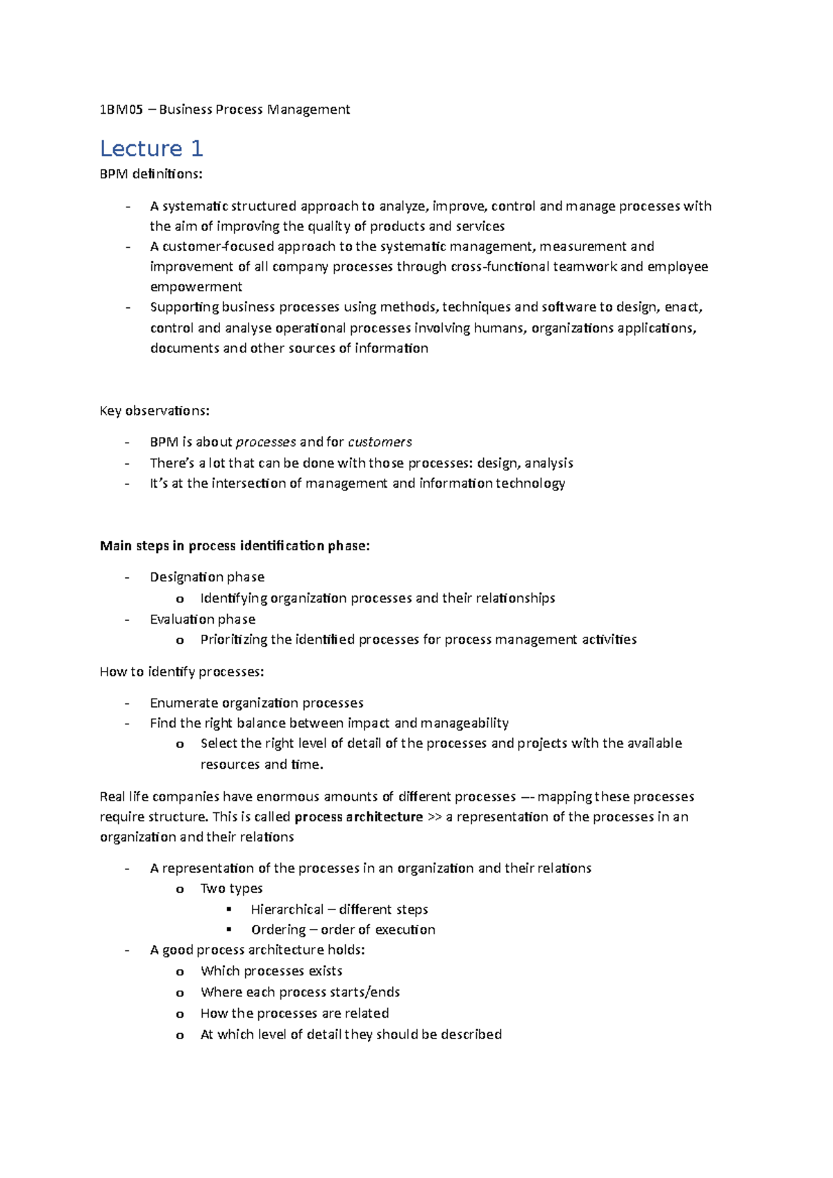 1BM05 - Business Process Management Lecture Notes - Studeersnel