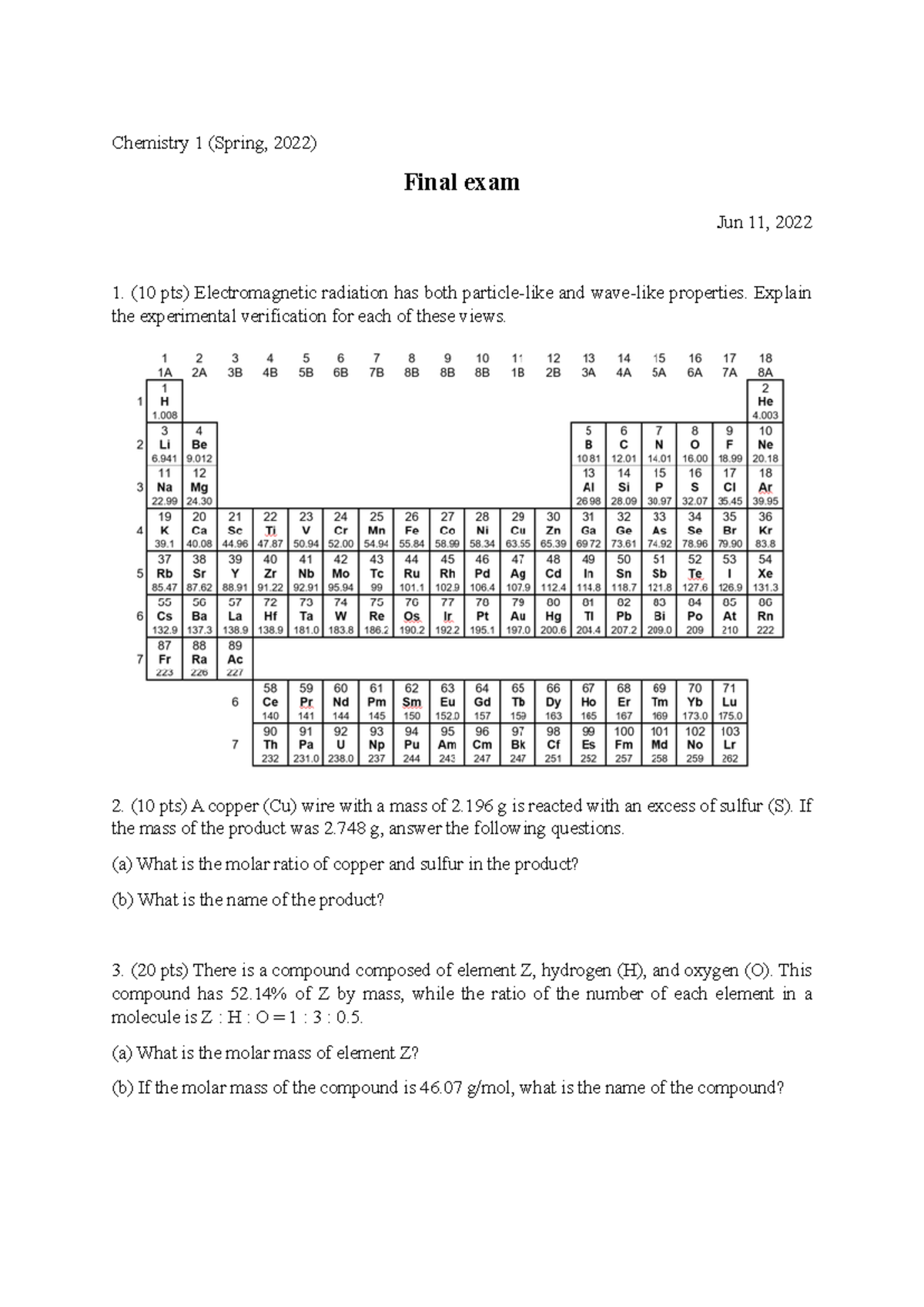 Final Exam Review - Chemistry 1 (Spring 2022) - Studocu