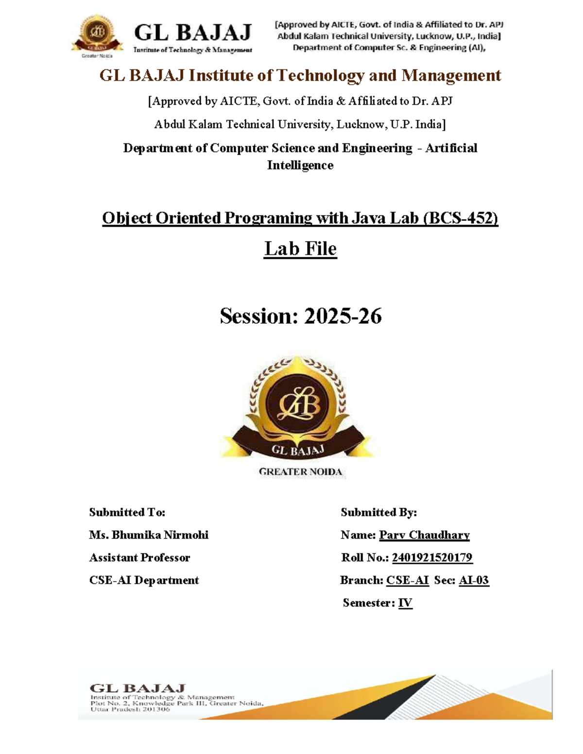 OOP Lab File (CS-4): Java Programming & AI Concepts by Parv Chaudhary ...