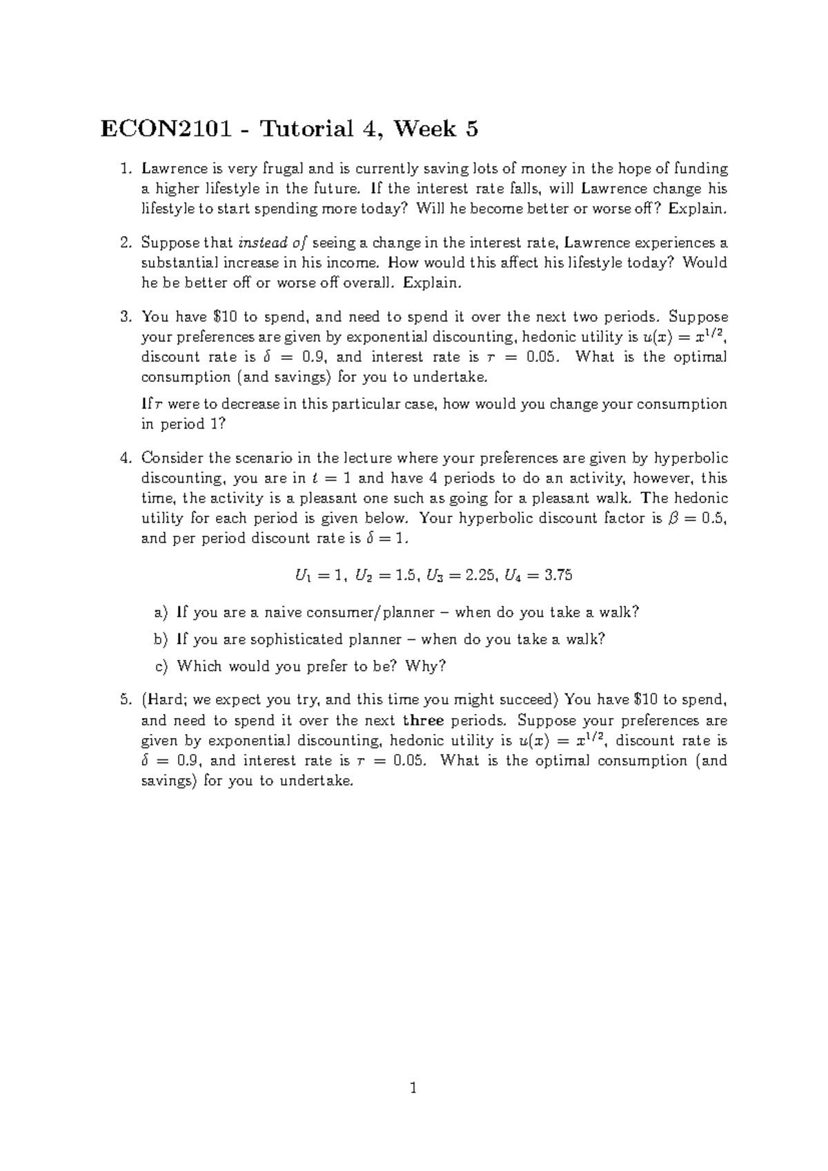 ECON2101 Tutorial 4: Analyzing Consumption and Savings Decisions - Studocu
