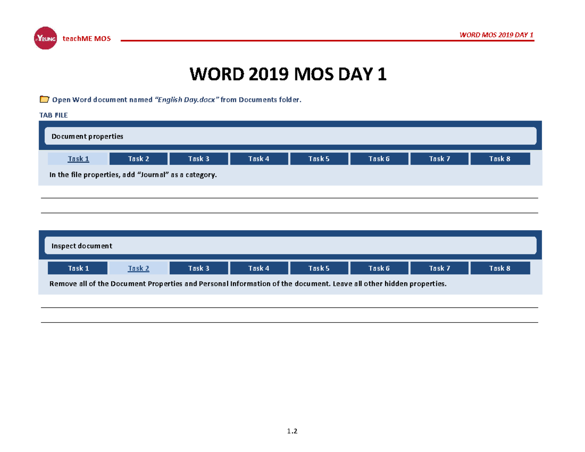 WORD MOS 2019 DAY 1: TeachME Formatting Tasks and Properties - Studocu