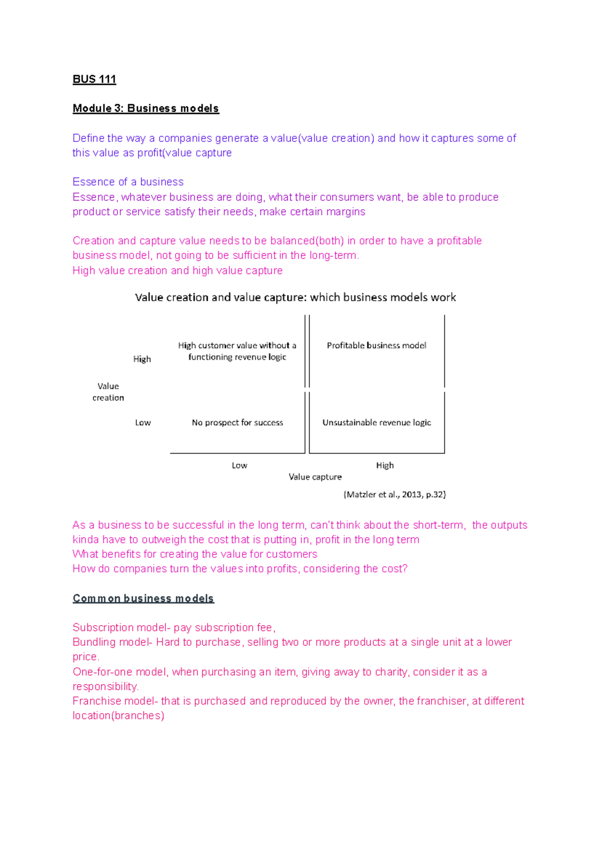 BUS 111 - Weeks 1-12 notes - BUS 111 Module 3: Business models Define ...