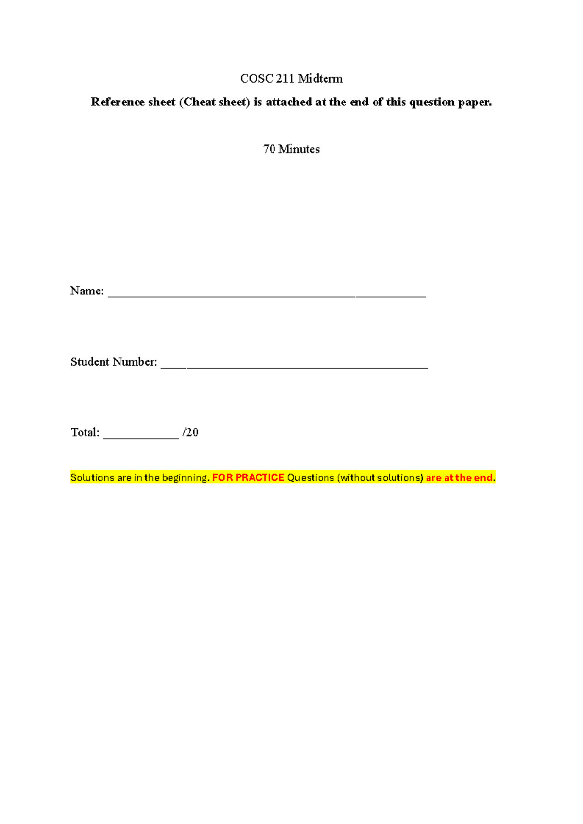 COSC 211 Midterm MCQ Practice Questions and Solutions - Studocu