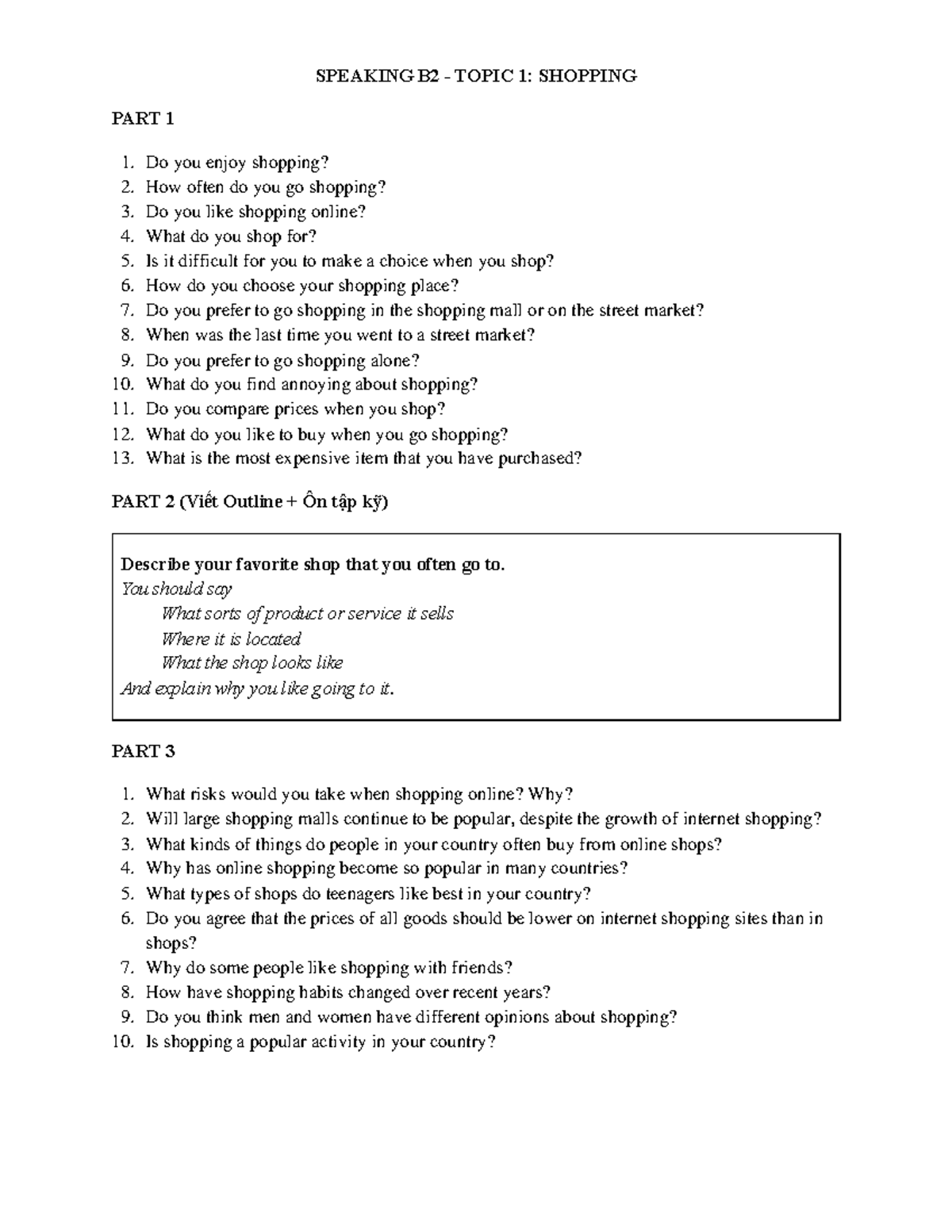 Speaking B2 - Comprehensive Guide: Topics on Shopping, Nature, Earth ...