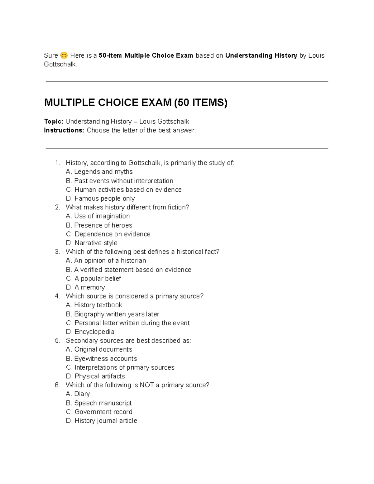History 101: Multiple Choice Exam on Understanding History - Studocu