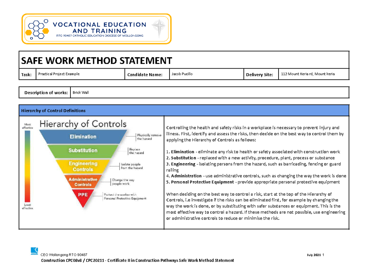 CPC08v8 Safe Work Method Statement for Brick Wall Construction - Studocu