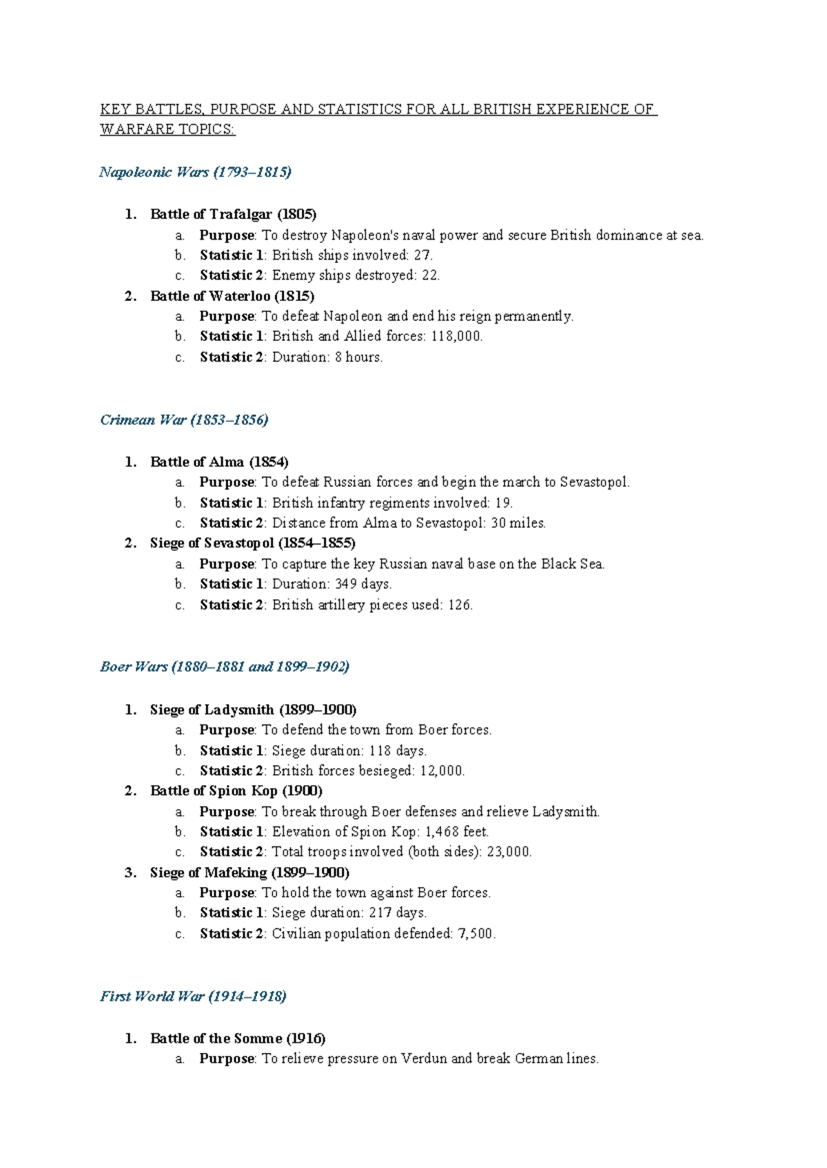 KEY BATTLES, PURPOSES & STATS IN BRITISH WARFARE HISTORY - Studocu