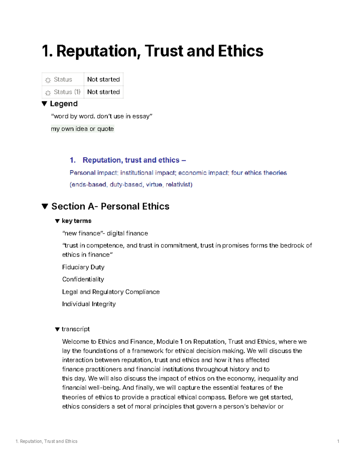Reputation trust and ethics - 1. Reputation, Trust and Ethics Status ...