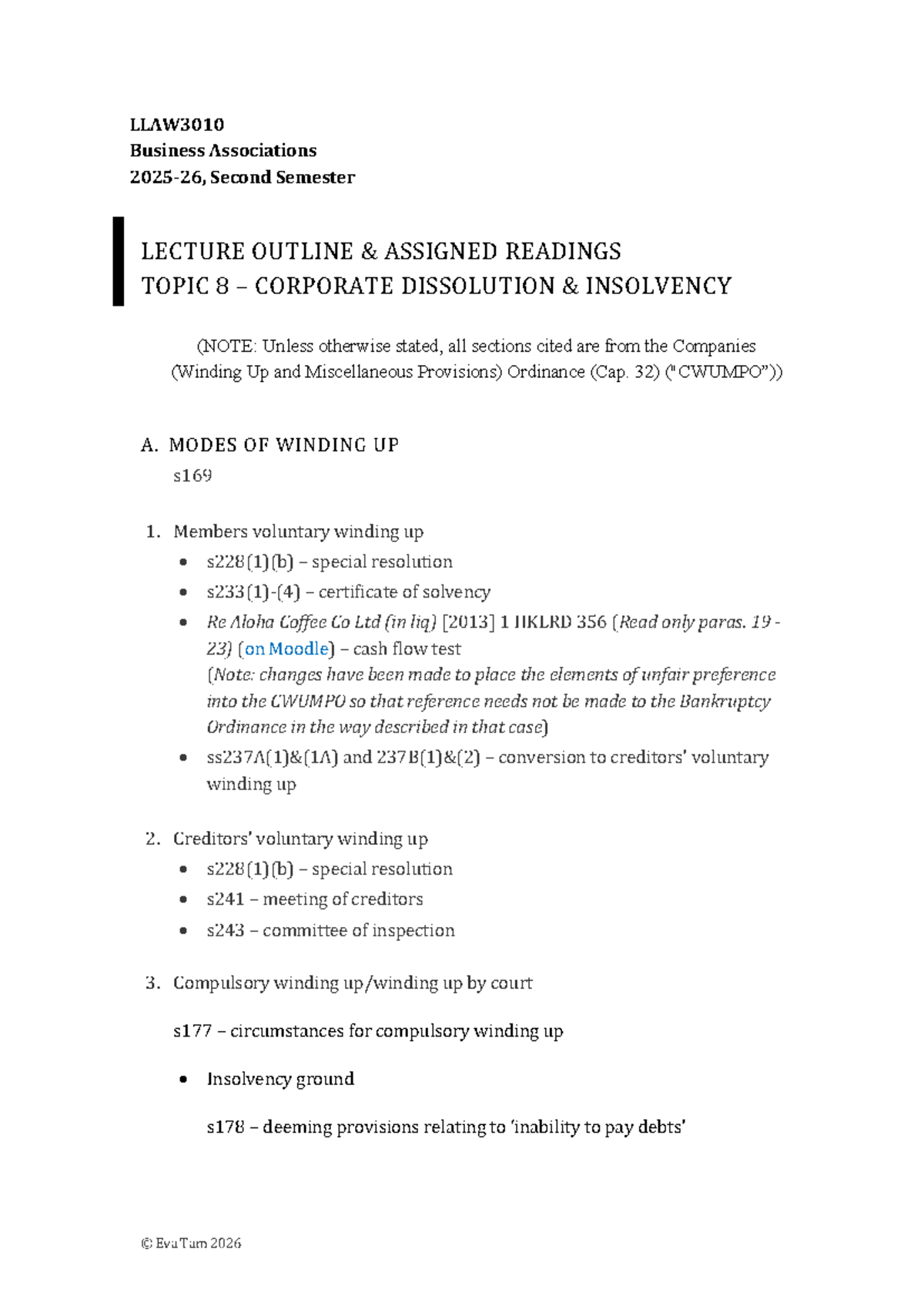 LLAW3010 Business Associations Lecture Outline: Corporate Dissolution ...