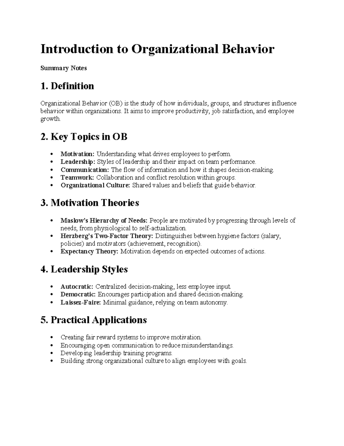 Organizational Behavior (OB) Summary Notes: Key Concepts & Theories ...