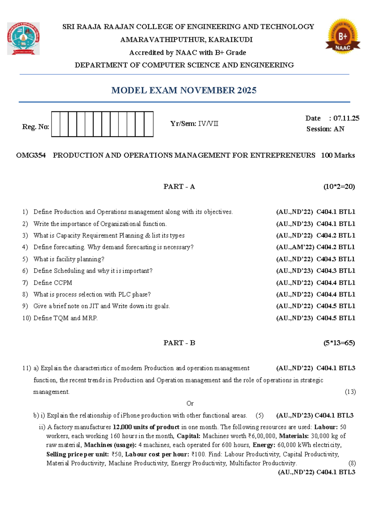 Model Exam Questions for Production and Operations Management C404 ...