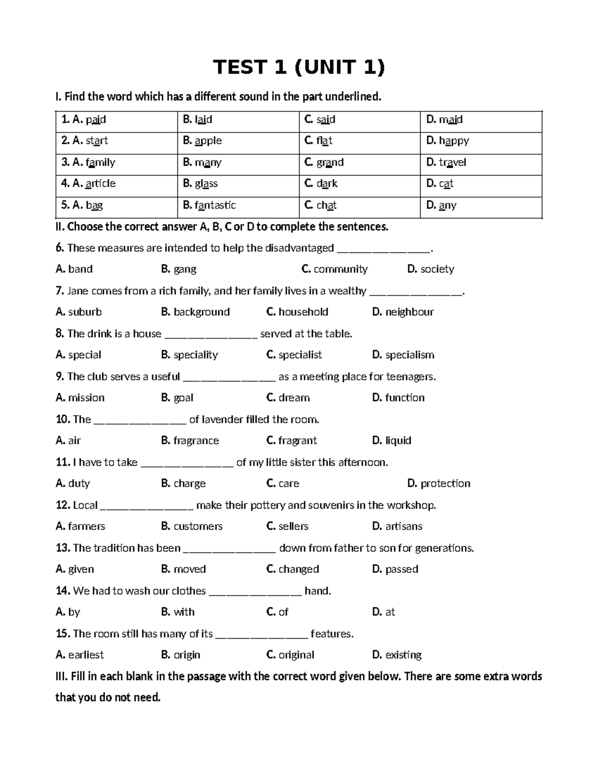 TEST 1 (UNIT 1) - Tieng Anh 9 Listening & Vocabulary Exercises - Studocu