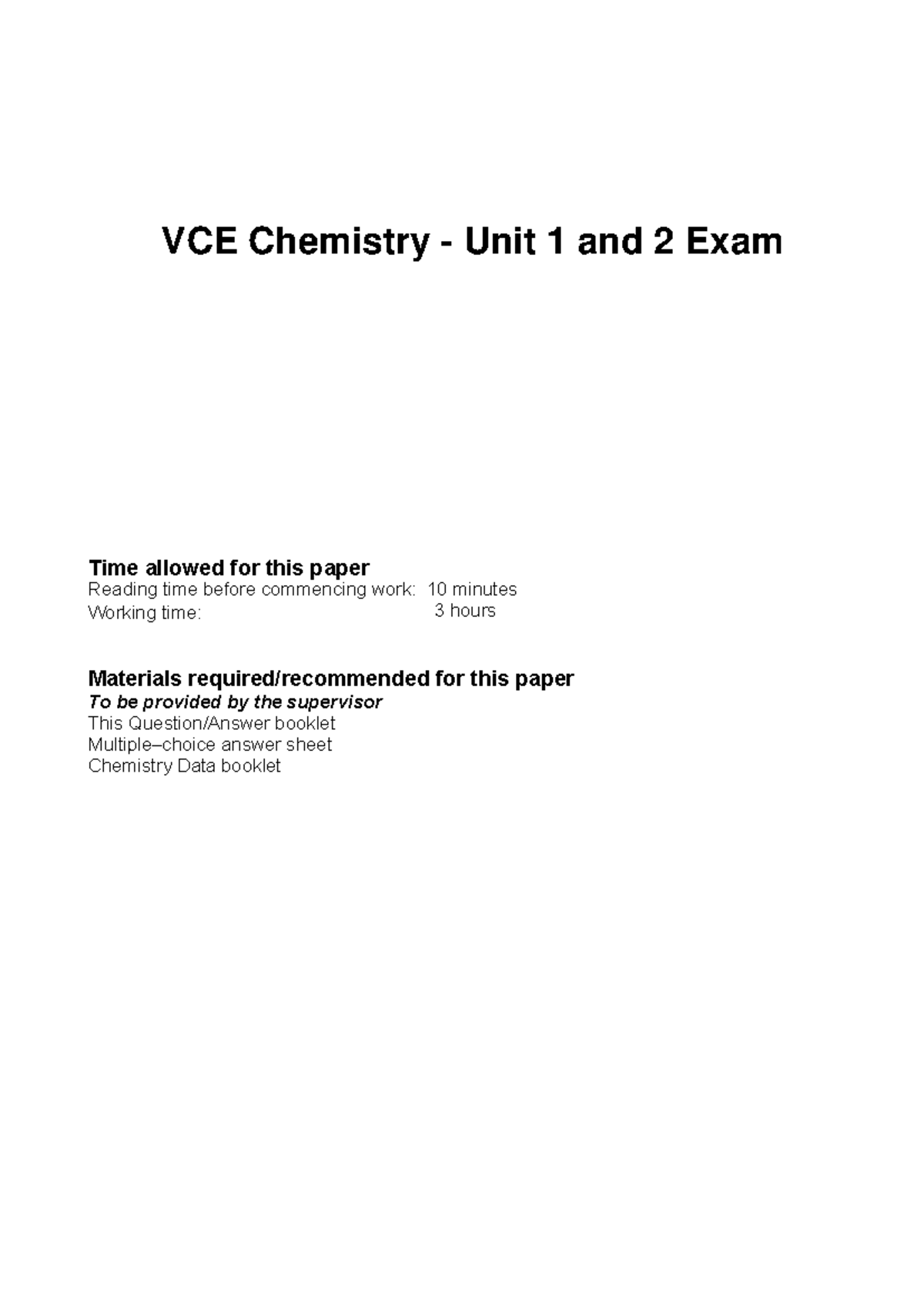 Prac Exam 2 Chemistry ATAR Unit 1 & 2 Semester 1 2021 Booklet - Studocu
