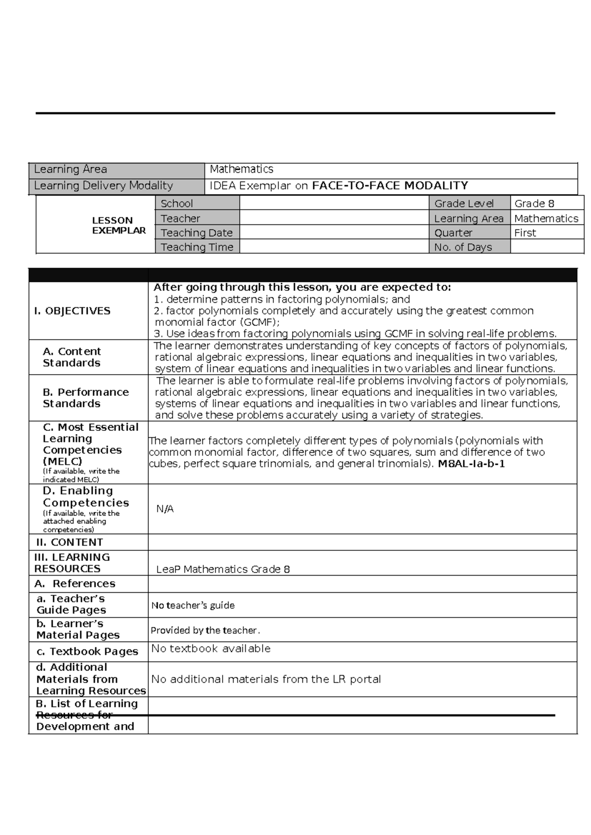 Lesson Exemplar - Learning Area Mathematics Learning Delivery Modality ...