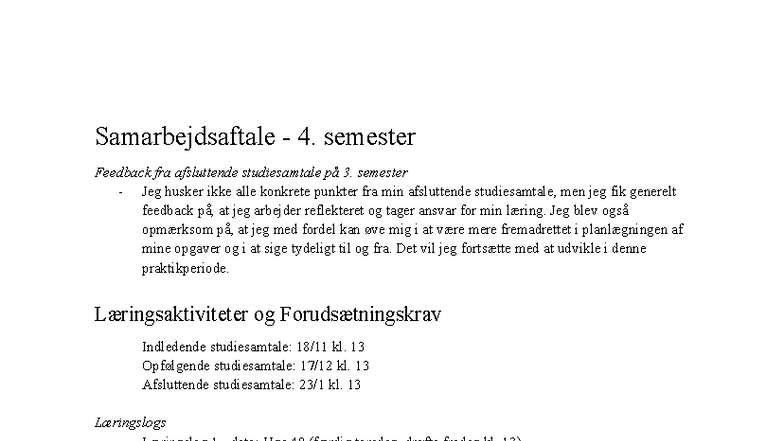 Samarbejdsaftale 4. Semester: Feedback og Læringsaktiviteter - Studocu