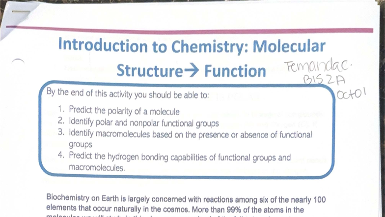 Introduction to Chemistry: Molecular Structure & Function (BISZA) - Studocu