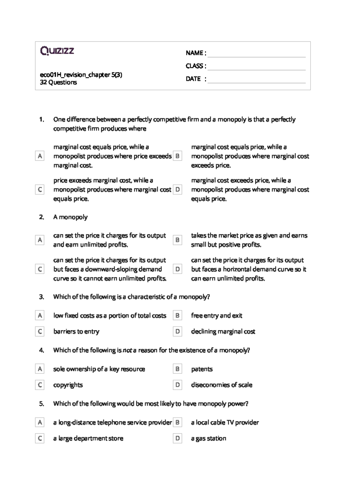 Eco01H Revision: Chapter 5 Study Guide with 32 Questions - Studocu