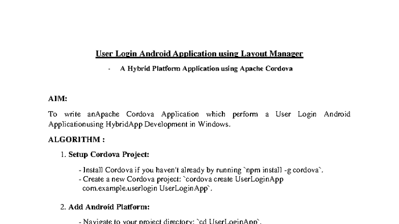 Exp 5 - User Login App Development with Apache Cordova - Studocu