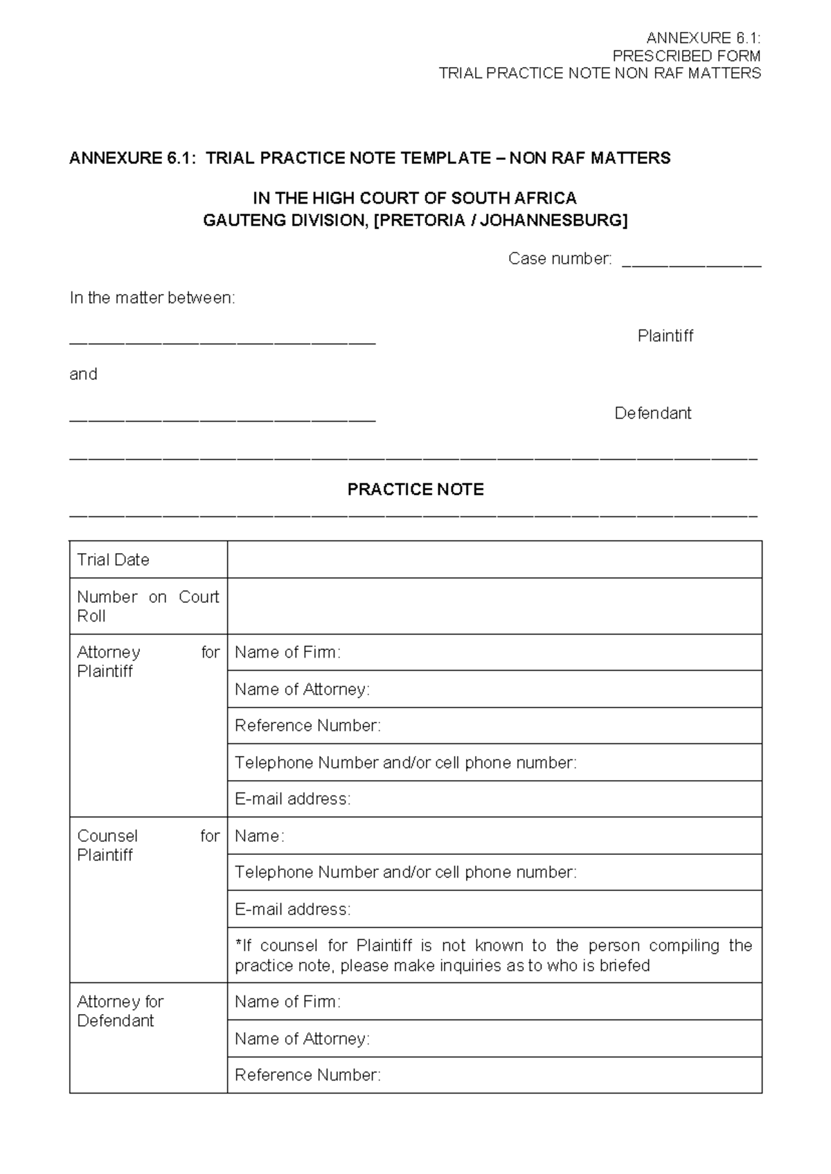 Trial Practice Note Template: Non RAF Matters - High Court Guidance ...