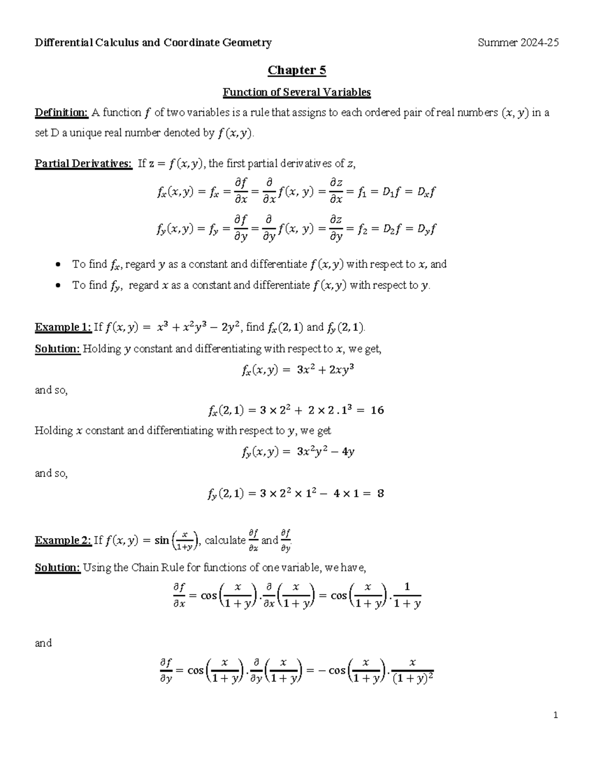 Final Exam Notes: Differential Calculus & Coordinate Geometry (MATH-1 ...