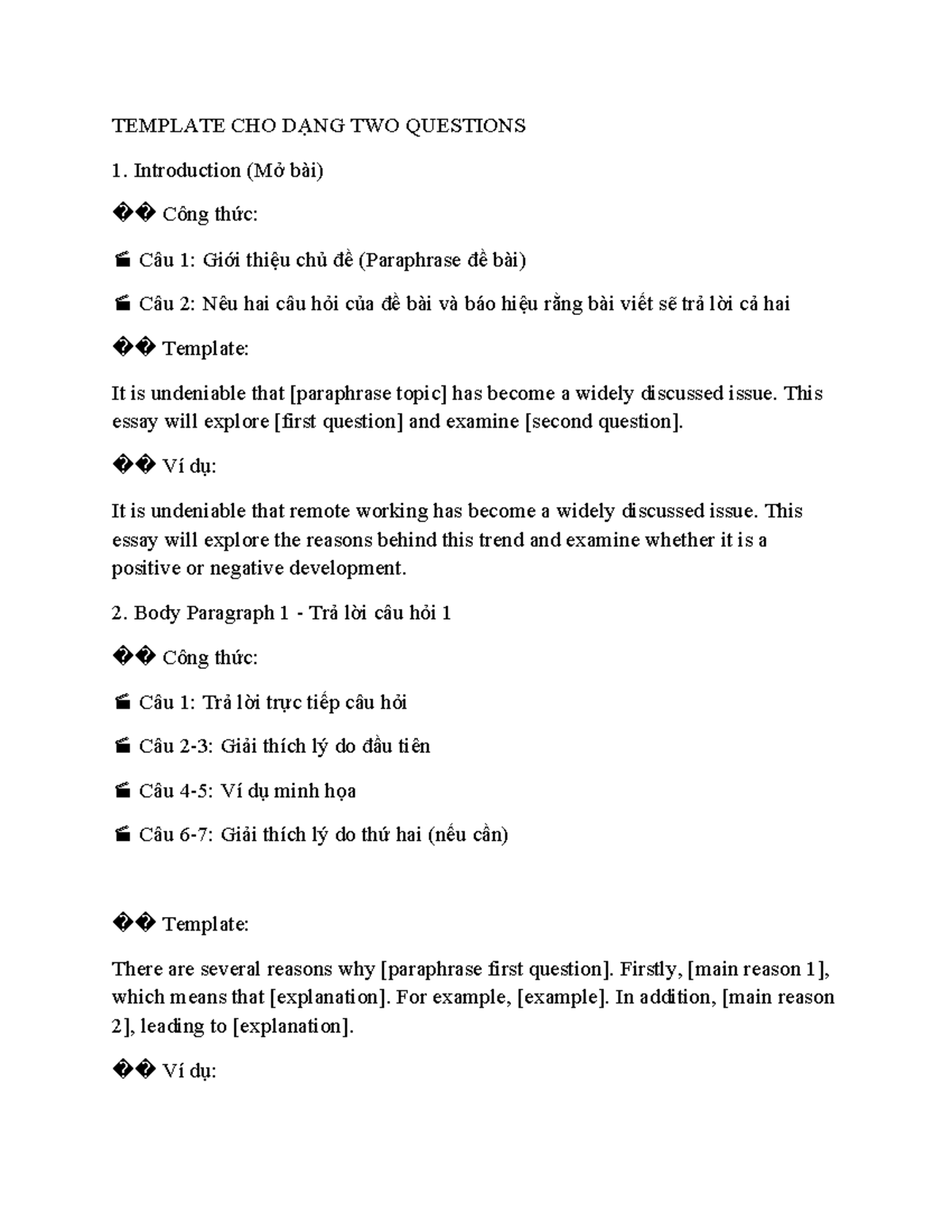 TEMPLATE CHO DẠNG TWO QUESTIONS - Essay Structure Guide - Studocu