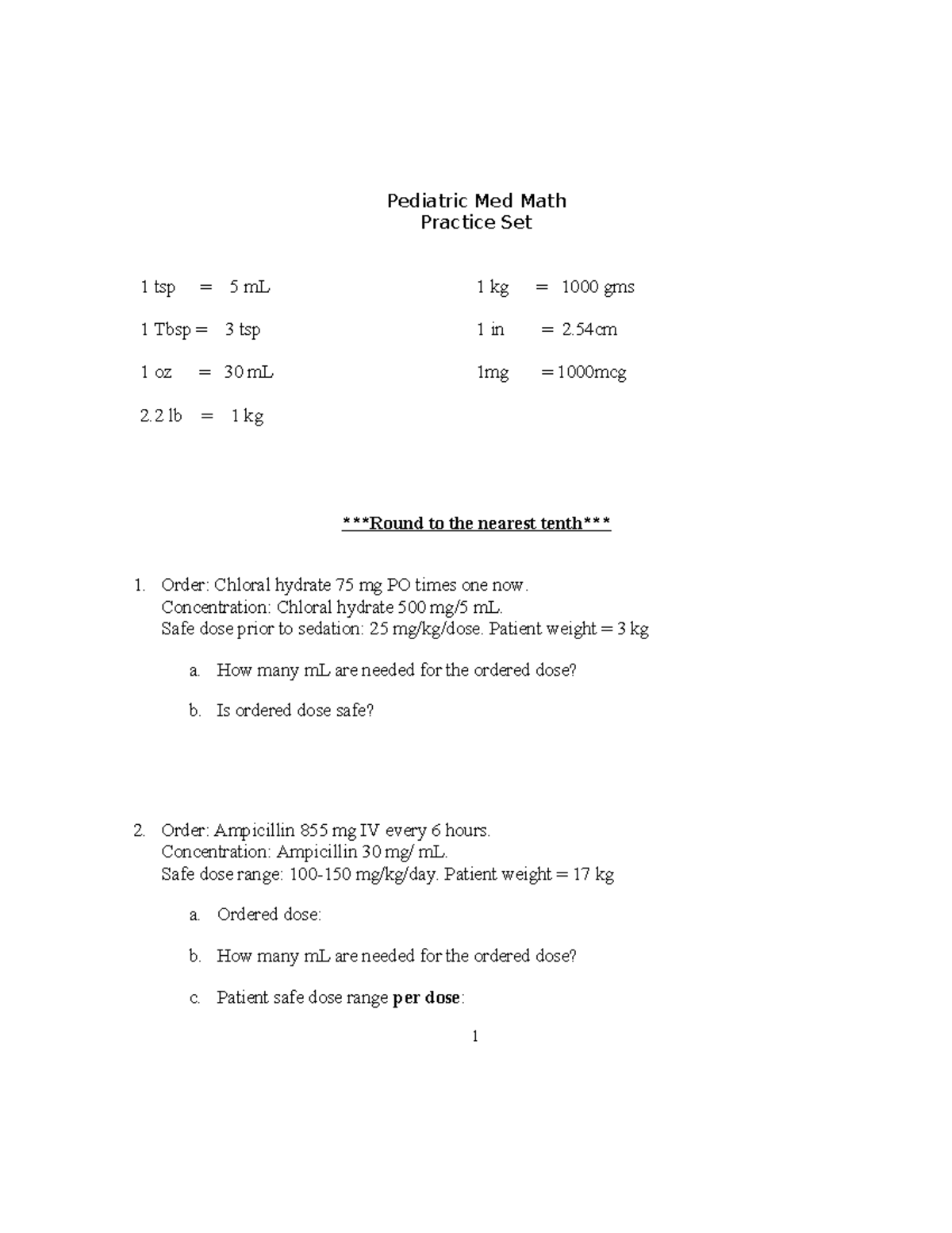 Pediatric Med Math Practice Set: Dosage Calculations & Safety - Studocu