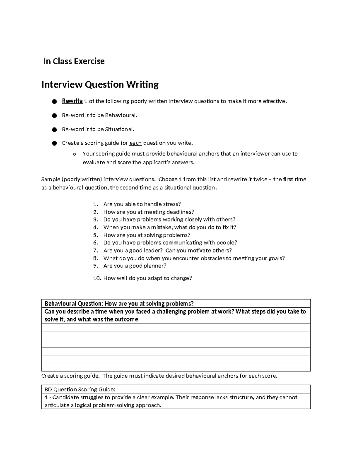 ENG 315 Interview Question Writing Exercise and Scoring Guide - Studocu