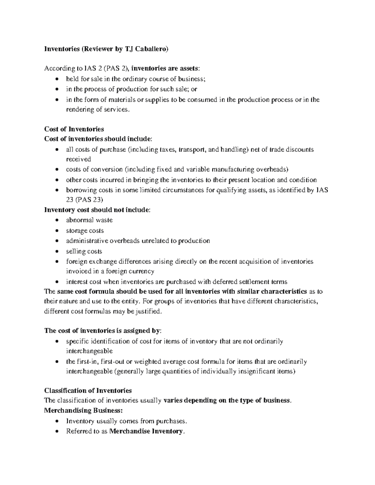 IAS 2 Inventory Valuation & Costing Methods Reviewer (Final Exam) - Studocu