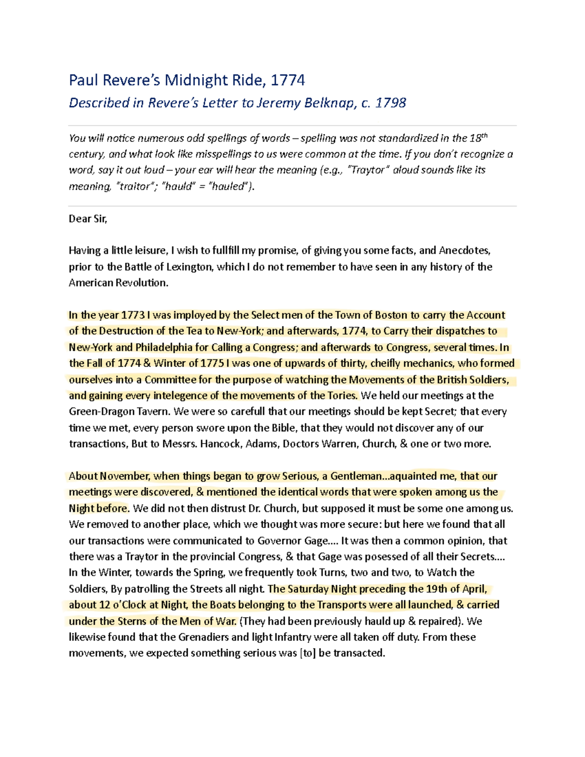 Paul Revere’s Midnight Ride: A Letter to Jeremy Belknap - Studocu