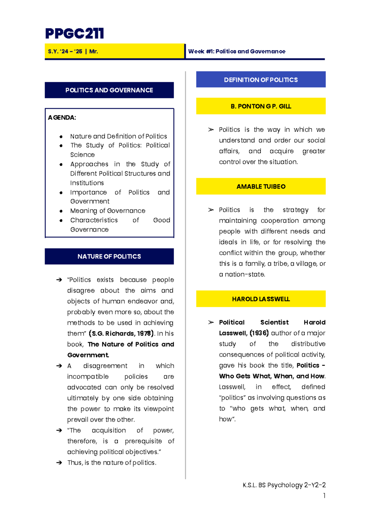PPGC211 S.Y. Week 1 Prelims: Politics and Governance Overview - Studocu